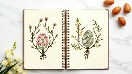 Fototapeta premium Happy easter egg day frame paper cartoon page with floral designs on a marble background