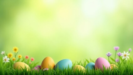 Fototapeta premium Happy easter egg day cartoon frame on paper page in a colorful nature environment