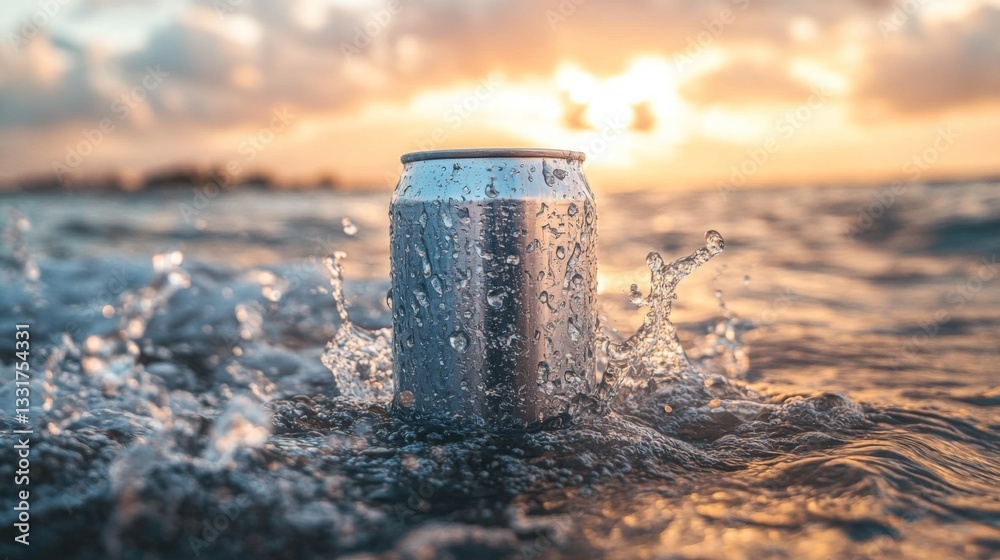 Poster a silver can emerges from the waves, splashing water around it as the sun sets on the horizon, casti