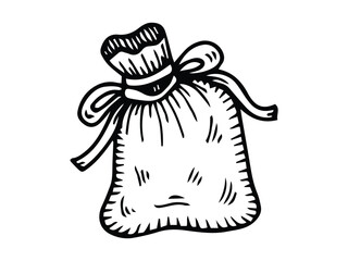 Hand-drawn illustration of a tied fabric bag with a bow in vintage sketch style