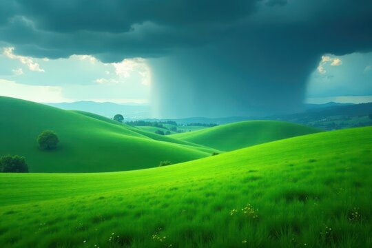 Rolling hills, lush green meadow, imminent downpour , vibrant, storm clouds