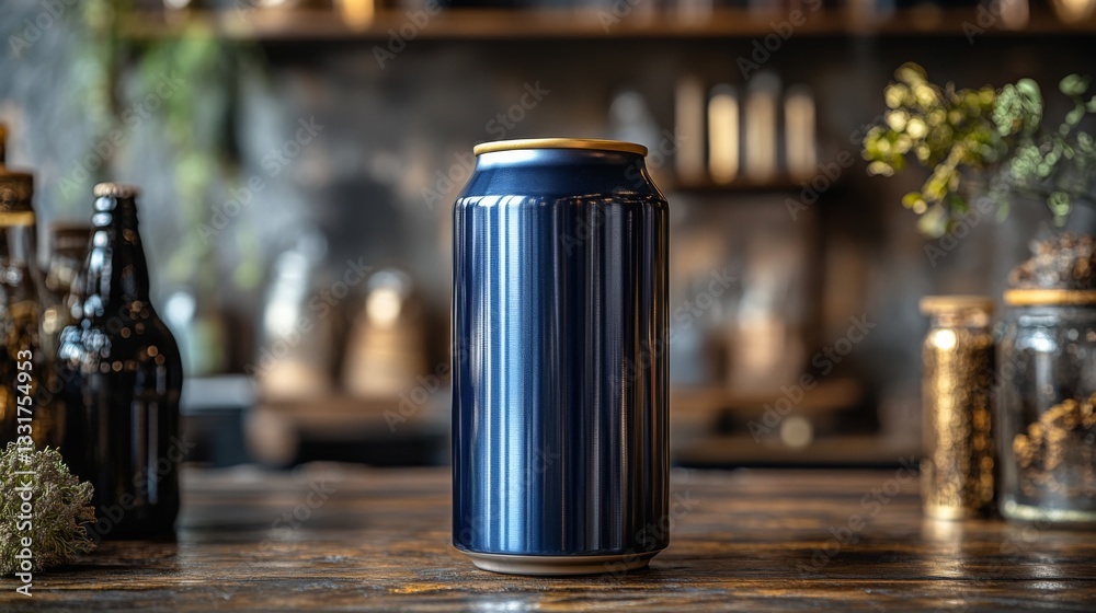 Poster a sleek dark blue can is prominently placed on a wooden surface in a rustic bar setting. surrounding