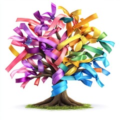 Cancer awareness tree with multicolored ribbons isolated on white background