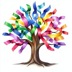 Cancer awareness tree with multicolored ribbons isolated on white background