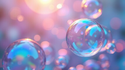 Transparent iridescent soap bubbles floating in the air with colorful bokeh lights in the background, reflecting warm and cool tones, concept of beauty, spa, relaxation, cosmetics