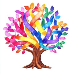 Cancer awareness tree with multicolored ribbons isolated on white background