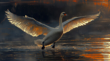 A white swan in an abstract oil painting on a yellow and beige background.