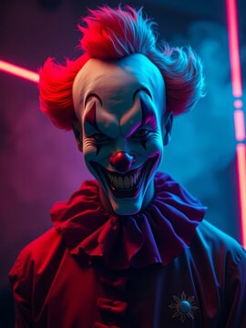 Dramatic background with a smiling clown in bright colors in the light of the carnival scene. Background in a smoky veil, shrouded in darkness. The atmosphere is disturbing, mesmerizing and combines h