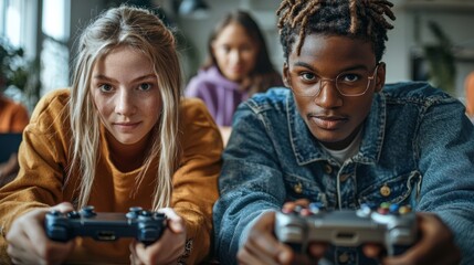 Engaged Teens Playing Video Games with Controllers in Cozy Room