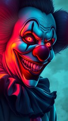 Dramatic background with a smiling clown in bright colors in the light of the carnival scene. Background in a smoky veil, shrouded in darkness. The atmosphere is disturbing, mesmerizing and combines h