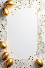Fototapeta premium Happy easter egg day frame with cartoon elements on paper page surrounded by golden stars