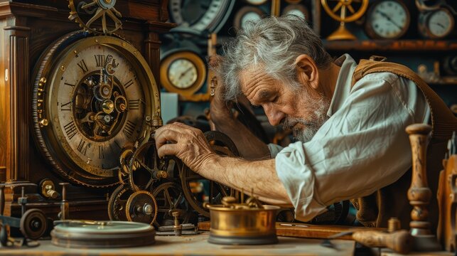 Elderly Watchmaker Repairing Antique Clock in Workshop - Powered by Adobe