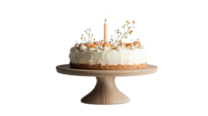 Delicious cake topped with fruit and flowers on a wooden stand for a celebratory occasion