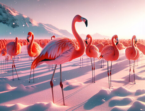 A confused vibrant pink flamingos against a snowy landscape, funny climate change concept