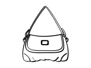 Black and white line drawing of a stylish shoulder bag with a flap and buckle design