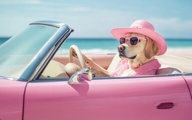 A golden retriever wearing pink sunglasses and a hat drives a convertible under a clear blue sky, enjoying the ride.