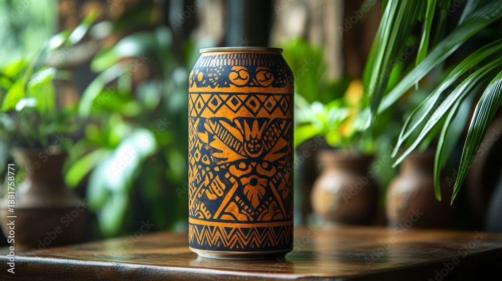 Aufkleber A uniquely patterned beverage can sits upright on a rustic wooden table, with lush green plants in the background, creating an inviting atmosphere.