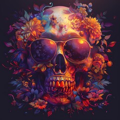 Ein Totensch&auml;del mit Sonnenbrille und Blumen.