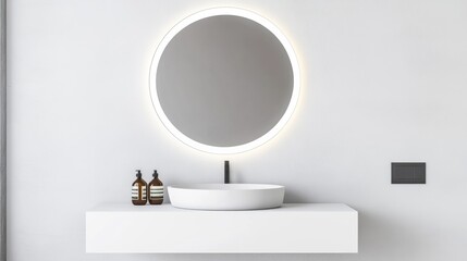 Floating circular mirror in a surreal bathroom, soft glowing edges and illusionary design