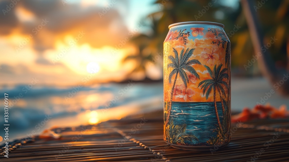 Poster a vibrant can decorated with palm trees and ocean scenery sits on a straw mat. in the background, go
