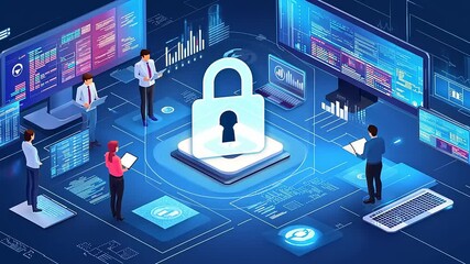 Team of professionals analyzing cybersecurity data and strategies around a digital lock in a tech environment