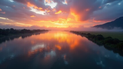 Fototapeta premium A dramatic river delta at sunset, partially veiled by a swirling summer blizzard. The winding waterways glisten in the fading light, adding depth to the ethereal scene.