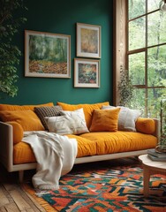 Fototapeta premium modern living room design with colorful geometric rug and mid-century furniture