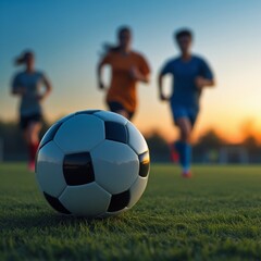 Fototapeta premium The image captures a dynamic outdoor sports photograph of a soccer ball on a grassy field, with blurred people and a warm sky, showcasing the excitement and anticipation of the game.