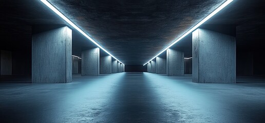 Underground Hall with Brutalist Concrete Pillars Cold White LED Lights Dark Cinematic Interior Grunge Design