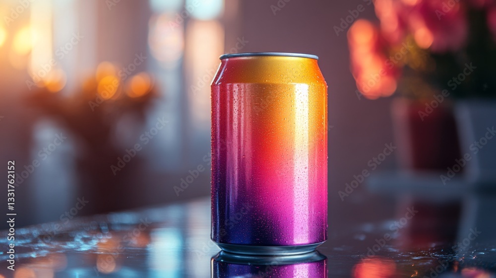 Poster a vibrant, colorful can rests on a shiny table surface reflecting warm light. soft sunlight enhances