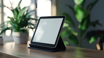 Tablet is sitting on a table in a room with a plant in the background best for mockup