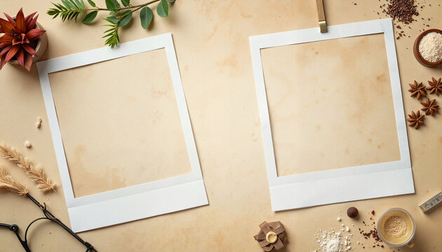 Nostalgic flat lay with vintage polaroid frames and earthy decor, memory