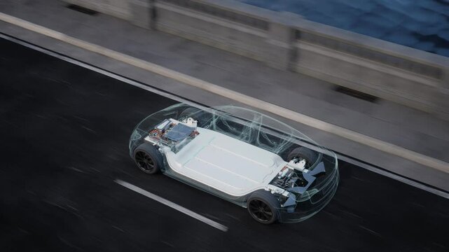 Electric Car Drives On Bridge. Realistic 3D Animation Of Moving Vehicle On Highway. Transparent Chassis Showing Its Interior, Batteries And Electric Engine.  Vfx Animation