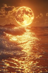 Stunning sunset view with a large illuminated moon over ocean waves reflecting golden light