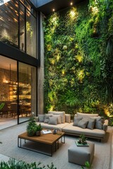 Obraz premium Urban courtyard with lush vertical garden. Modern outdoor living space
