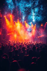 Colorful concert crowd enjoying a vibrant music performance under bright lights and confetti in an outdoor venue