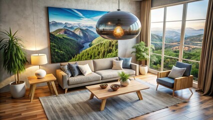 Aerial View Modern Living Room Design: Spherical Lamp, Wooden Table, Large Poster Mockup