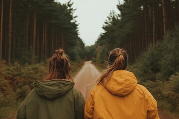 Two friends stand together on forest path, surrounded by tall tr