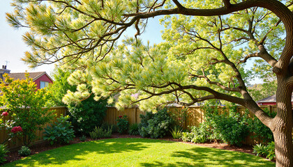 Lush mimosa tree in serene backyard garden, peaceful nature