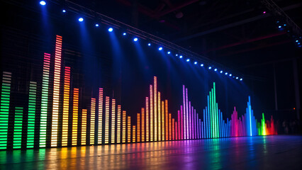 silent disco nightlife LED interactive Vibrant audio visualizer with colorful bars illuminated by stage lights.