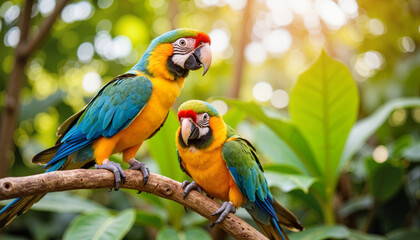 Obraz premium Colorful parrots perched on branch in tropical rainforest, vibrant nature