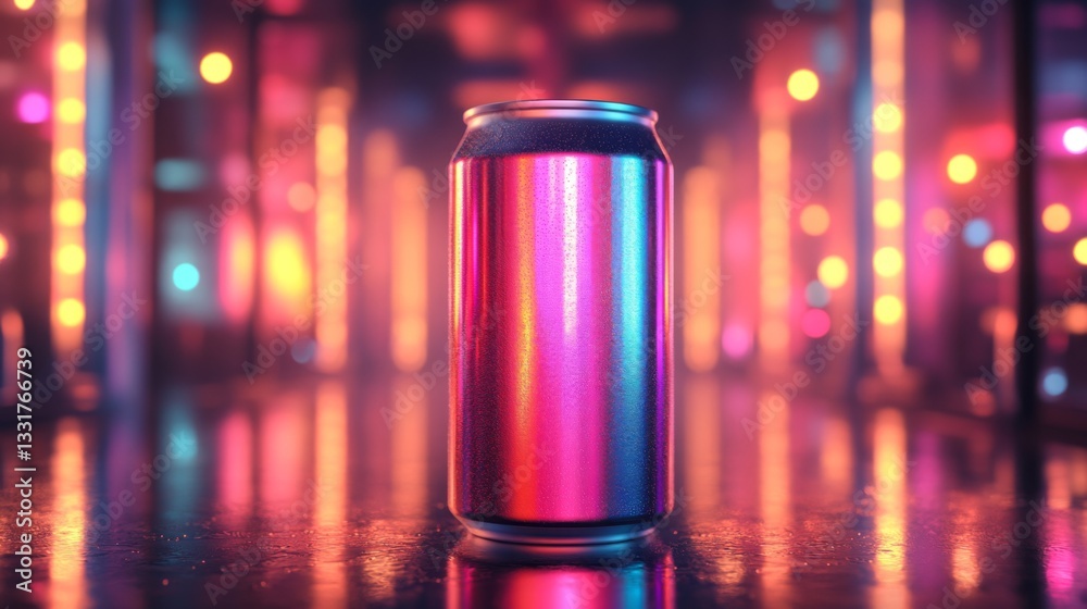 Poster a brightly colored can stands in the center of a nightlife setting, surrounded by glowing lights tha