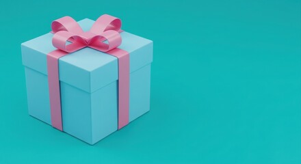 Light blue gift box with pink ribbon.