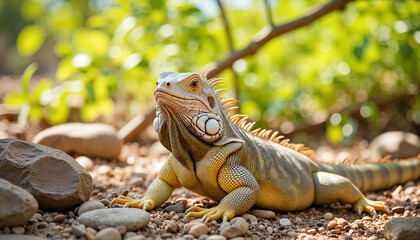 Fototapeta premium Friendly iguana sunbathing on rocky terrain, nature's tranquility