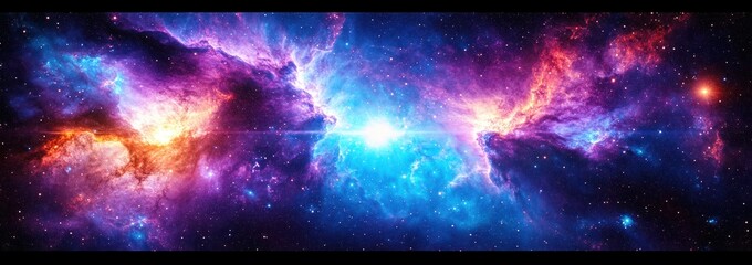 Cosmic Explosion of Purple and Blue Nebulae with Bright Stars and Radiant Light Beams