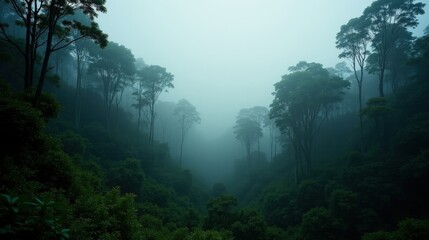 Fototapeta premium Dense humid equatorial forest in a mysterious winter morning. Hazy sunlight filters through the thick canopy, casting an eerie glow over the lush, misty undergrowth.