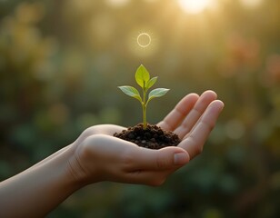 Fototapeta premium Hand holds a young plant, symbolizing growth and hope.