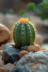 A vibrant cactus stands proudly amid scattered rocks in a sunlit desert environment. Its bright yellow flowers add a splash of color to the arid landscape