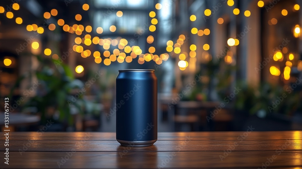 Poster a sleek can stands alone on a rustic wooden table, surrounded by a cozy indoor setting enhanced by s