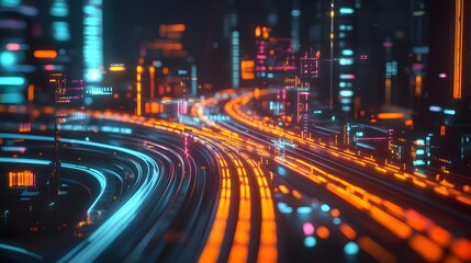 Obraz premium Futuristic City Nightscape Orange and Blue Illuminated Highways